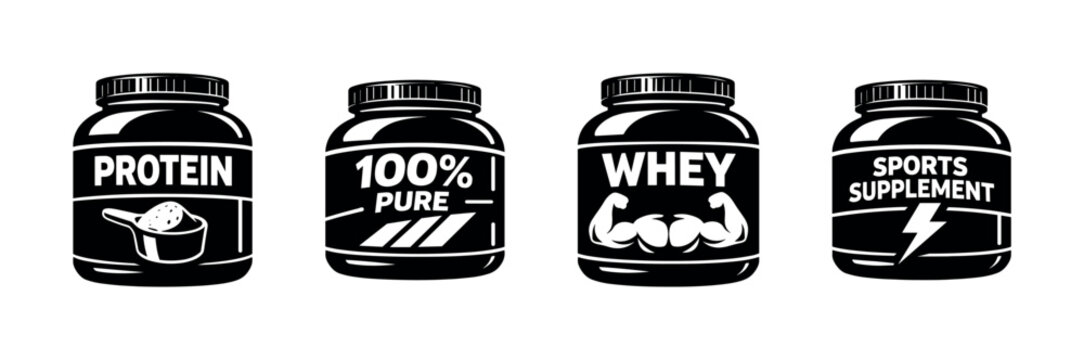 Protein supplement vector icons set: whey, sports supplement, pure protein symbols