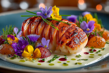 Grilled lobster tail with vibrant edible flowers and sauce, plated on a blue rimmed dish, showcasing fine dining cuisine.