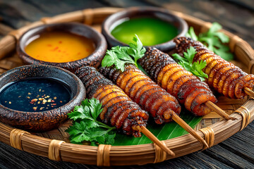 Grilled pupae skewers served on a wooden tray with various dipping sauces, creating a unique culinary experience.