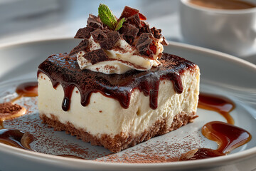 Decadent Dessert: Creamy, rich cheesecake slice with chocolate ganache, whipped cream, and cocoa dusting.