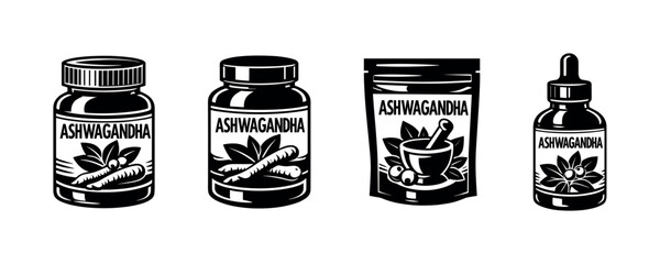 Ashwagandha products vector icons set for health and wellness packaging