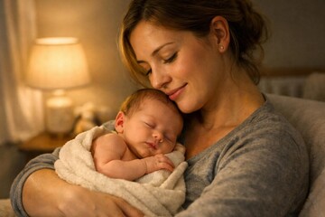 Eine Mutter mit ihrem neugeborenen Baby in z&auml;rtlicher Umarmung