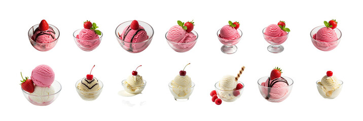 Variety of delicious ice cream flavors in glass bowls