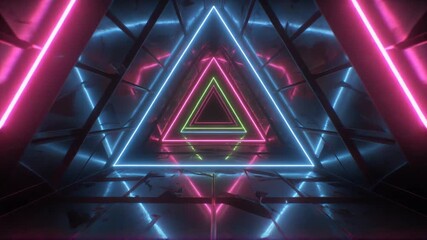 Mesmerizing neon light tunnel with glowing geometric triangles in a futuristic abstract digital cyberspace rendering, creating a vibrant high-tech portal background - Powered by Adobe