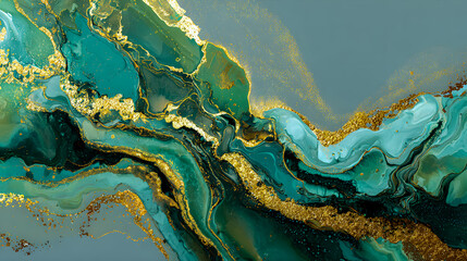 Teal and gold abstract marble pattern with swirling waves