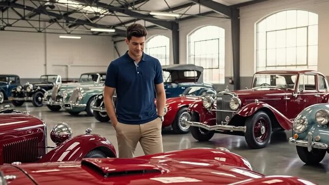 Enthusiastic Male Car Collector in Vintage Auto Showroom Surrounded by Classic Cars