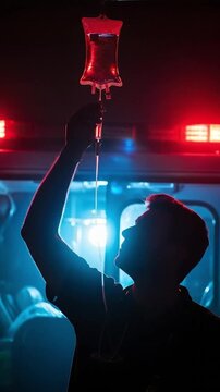 Emergency Medical Technician Administering IV Fluids in Dark Ambulance Environment