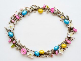 Oval frame composition with spring flowers and easter wreath.