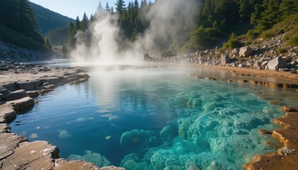 Natural Hot Spring With Steam Rising and Clear Water in a Mountain Setting During Daylight