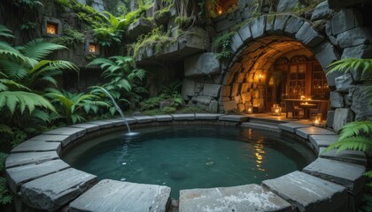 Natural Hot Spring With Stone Structure and Plants, Featuring Warm Water and Soft Lighting, Inviting for Relaxation