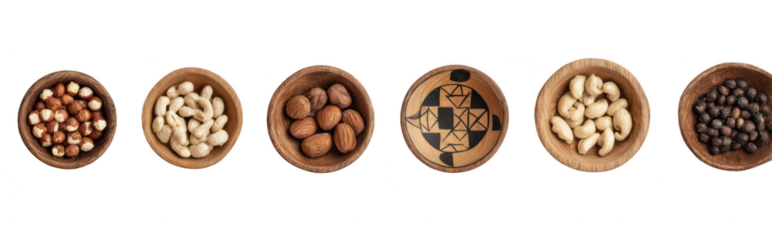 set of wooden bowls with various nuts isolated on a white background