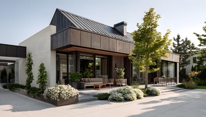 A beautiful two story family house with blossoming flowers in the front and a lush garden