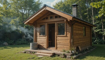 Wooden Cabin With Smoke Rising From Chimney Surrounded by Trees in Bright Daylight