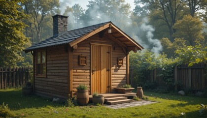 Small Wooden Cabin Stands in Woods With Smoke Rising From Chimney During Daylight