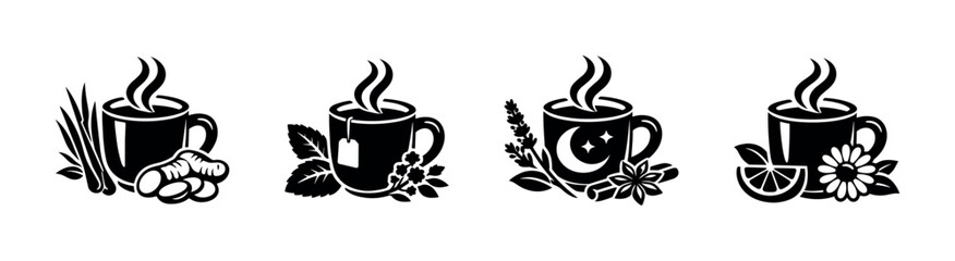Herbal tea vector icons set: natural, organic, wellness symbols