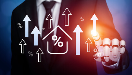 A professional businessman in a suit engages with digital growth symbols, demonstrating financial success through percentages and upward arrows in a modern business environment. Gantry
