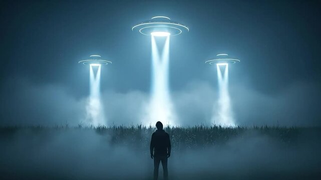 Mysterious UFO Encounter with Silhouette of Human Figure in Foggy Landscape at Night