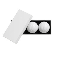 Two golf balls in a white box
