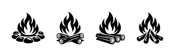 Campfire vector icons set: flames, logs, bonfire symbols for outdoor adventure