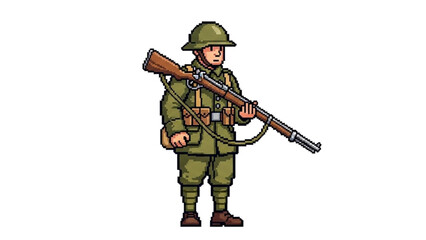 Fototapeta premium A pixel art illustration of a soldier in green uniform holding a rifle