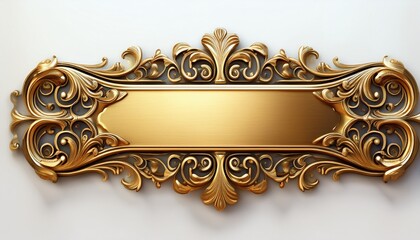 ornate golden nameplate with decorative flourishes isolated on a white background