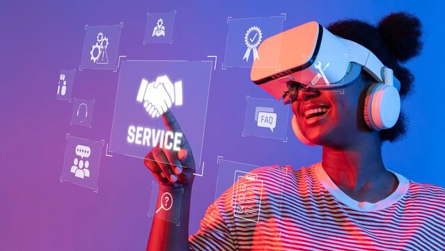 A cheerful woman interacts with a virtual reality interface showcasing service options, capturing the essence of modern technology and user engagement. Raster - Powered by Adobe