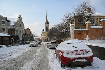 historical architecture street in winter city