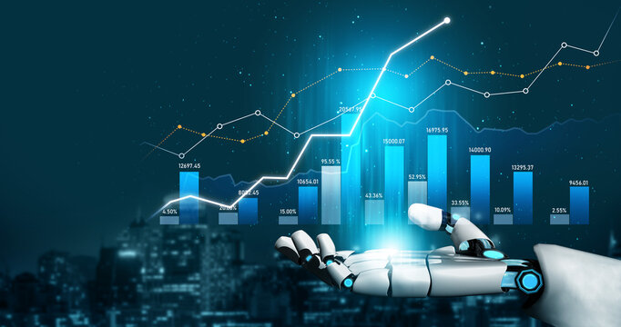 A robotic hand showcases a vibrant data visualization with a growth chart against a city skyline backdrop, symbolizing advancements in technology and finance. Scalp - Powered by Adobe