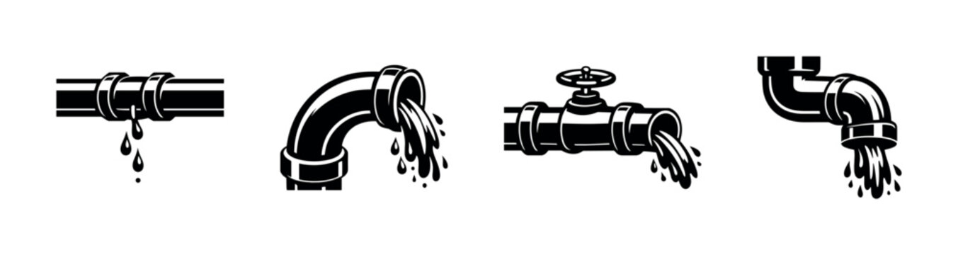 Plumbing elements vector icons set: leaking pipes, water flow, repair tools