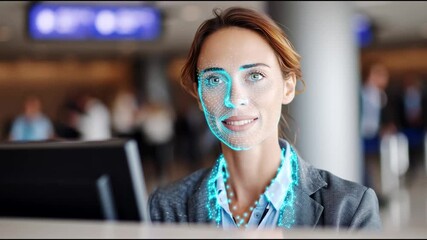 A business woman focuses on her computer screen at an airport check-in counter. Advanced facial recognition technology is highlighted on her face. - Powered by Adobe