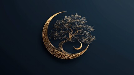 Elegant Golden Crescent Moon and Tree Design