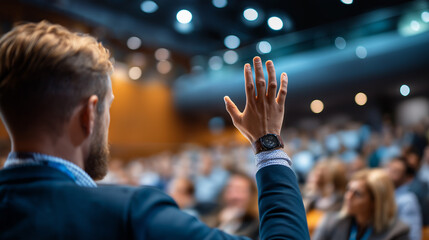Faceless audience member raising hand during conference question and answer session in auditorium, participation gesture, with copy space