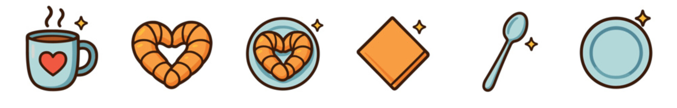 Set of cute cartoon breakfast icons including a steaming mug with a heart, a heart-shaped croissant, a plate, a spoon, and a napkin in a lovely romantic illustration style