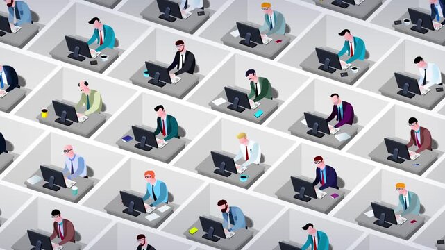 Business style cartoon office employees in cubicles static. Different characters animated workers in a big office. They are working all day with no break. Seamles loop of busy society.