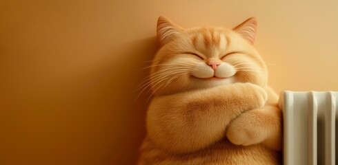 Smiling ginger cat resting by warm home radiator indoors. Concept of winter heating, home comfort, and cozy living