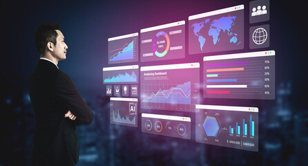 Data dashboards with graphs, charts, maps, and metrics representing global sales analysis and business performance Parse