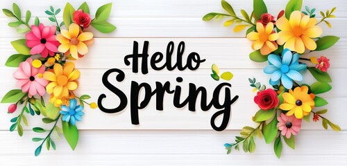 Hello Spring floral paper art on wooden background