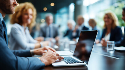 Defocused team in corporate meeting, blurred professional collaboration scene, office gathering atmosphere, with copy space