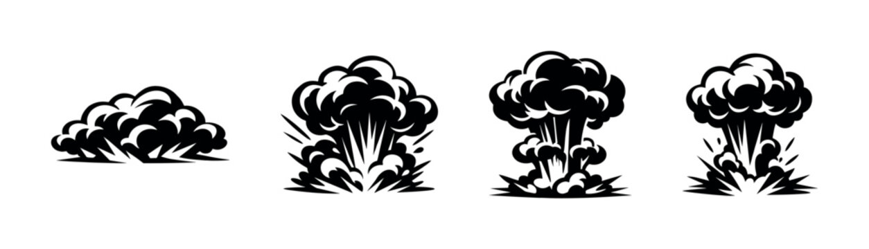Explosion vector icons set with mushroom cloud, blast, smoke and comic boom