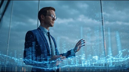 A business professional in a suit stands in an office, interacting with a digital interface displaying urban data. The backdrop shows a modern city skyline under a cloudy sky. - Powered by Adobe