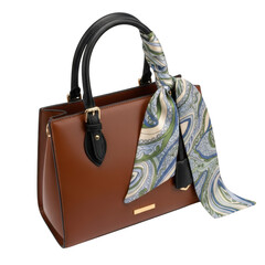 Brown leather handbag with patterned scarf