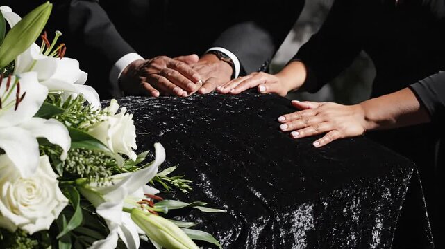 Touching Hands and Floral Arrangement: A Solemn Moment of Shared Grief and Remembrance