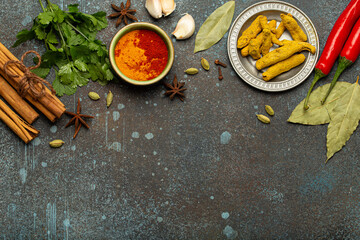Aromatic Indian spices creating a frame on a dark textured background