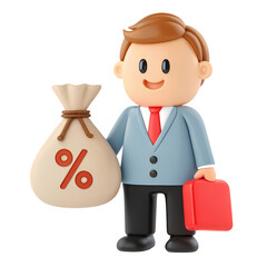 Businessman holding money bag with percentage sign and briefcase
