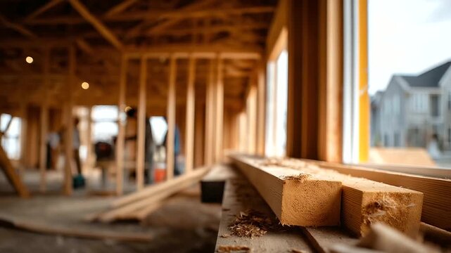 Interior framing of residential home construction with faceless builder defocused lumber wooden studs background ready for build out phase structural framework construction