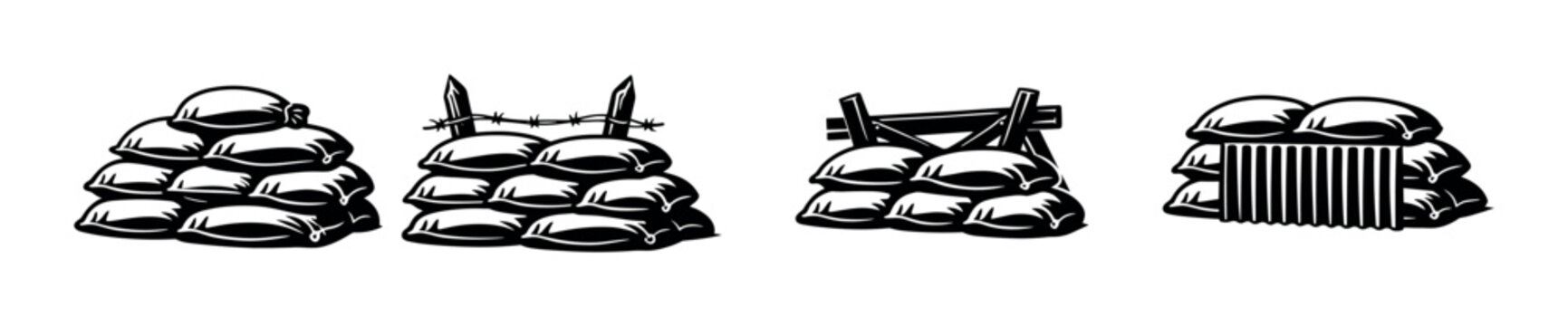 Sandbag vector icons set with barriers and defense. military fortifications symbols