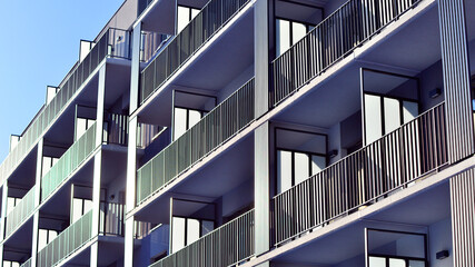 Luxury house complex of flats in condo area . Part of city real estate property, condo architecture on a sunny day no people.