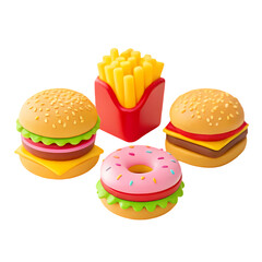 Colorful fast food icons including burgers, fries, and donut on black