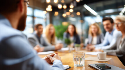 Defocused office meeting discussion, blurred professional collaboration, corporate team gathering scene, with copy space