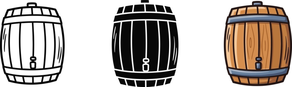 Collection of wooden barrel illustrations featuring outline, silhouette, and colored designs with tap